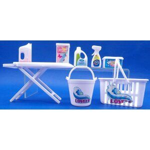 Dollhouse Lovely Cleaning Supplies Set 8 Pc Iron Board Mop Bucket Basket Cleanin